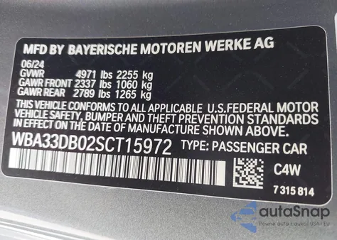 2025 BMW 430I из США, поврежденный, VIN WBA33DB02SCT15972